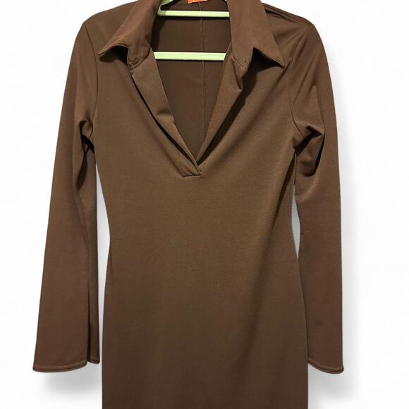 Y2K Brown collared mini dress with long sleeves - Picture 1 of 2
